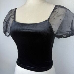 Lilt Black Velvet Velour Square Neck Puff Dot Sleeve Mesh Top Size Chic Preppy